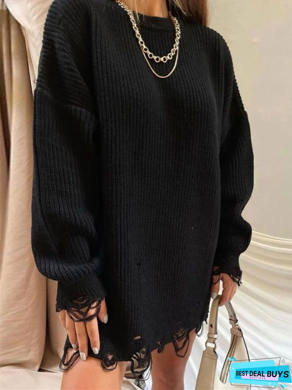 Temperament Commuting Long Sleeve Round Neck Thick Needle Hem Irregular Knitting Sweater Dress