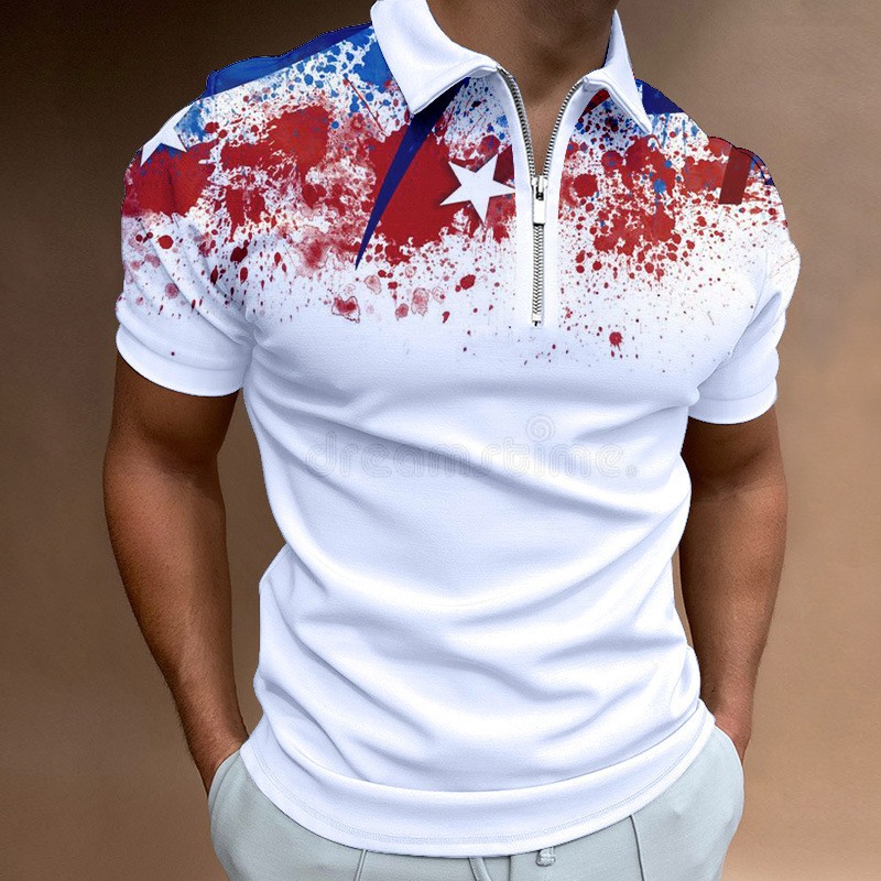 Men's Independence Day printed short sleeved zippered polo shirt PLUSCLOTHESMAN