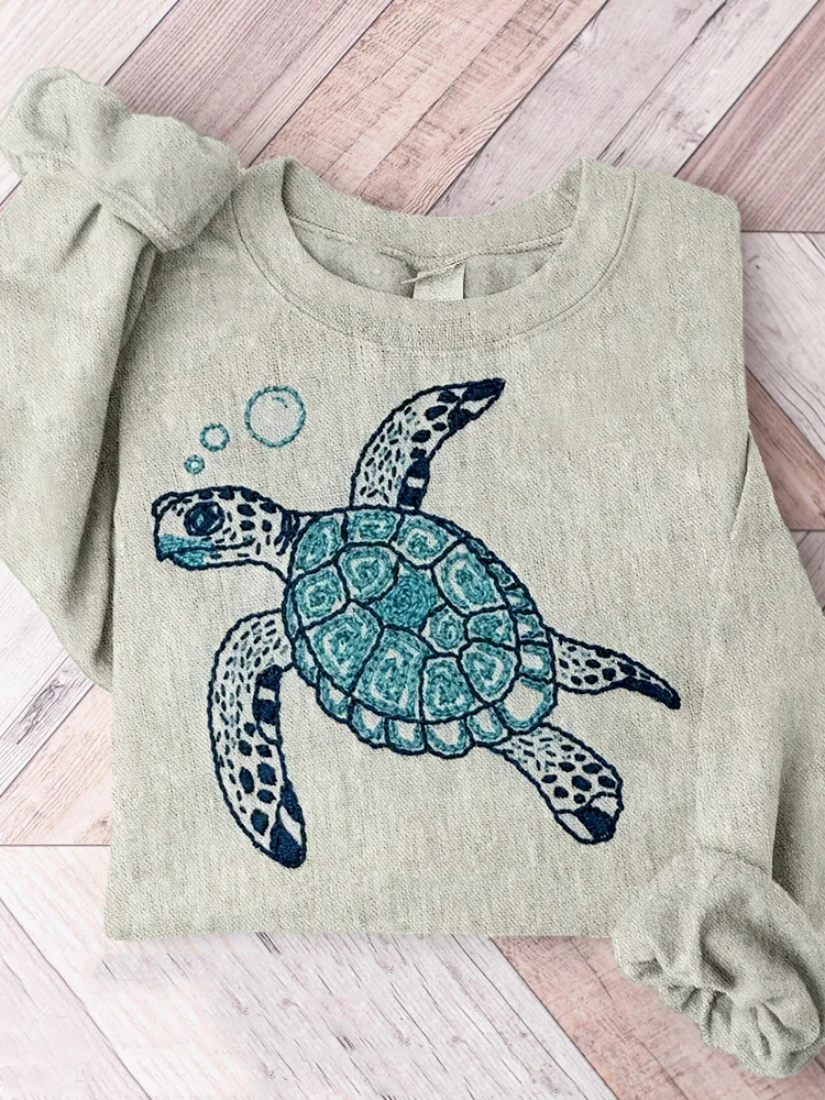 VChics Ocean Turtle Embroidery Art Vintage Sweatshirt