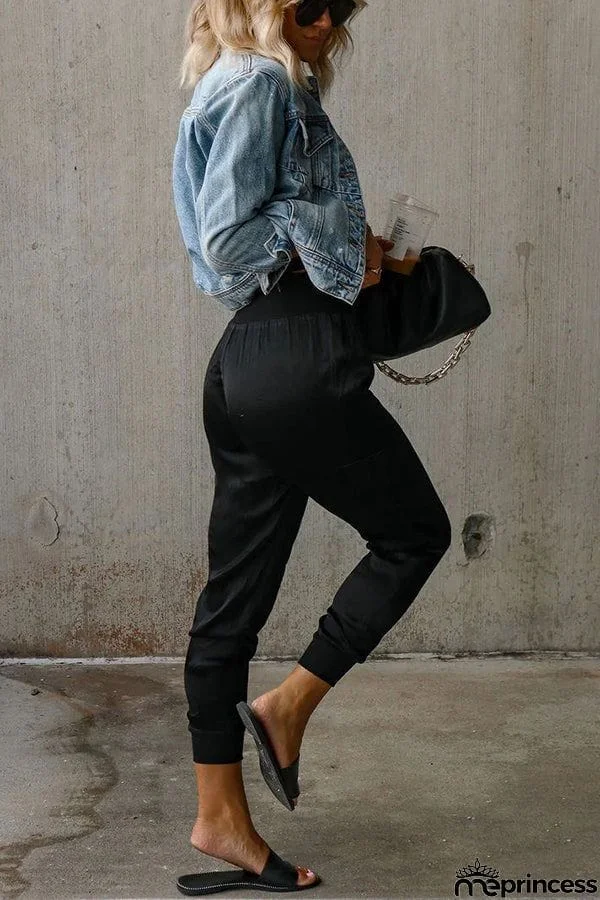Satin High Waist Pocketed Joggers