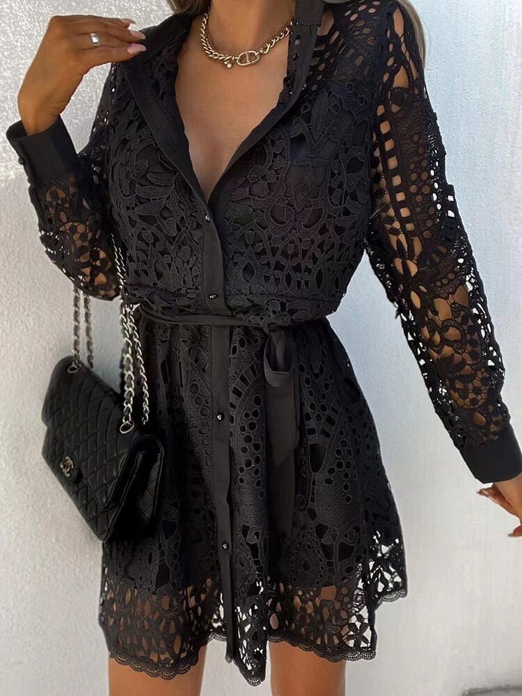Autumn Casual Long Sleeve Loose Mini Dress Elegant Women V Neck Patchwork Party Dress Female Vintage Lacing Up Hollow Lace Dress
