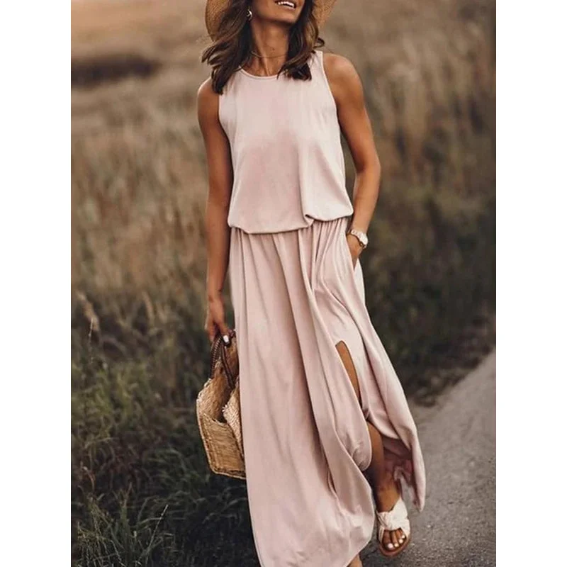 Brownm Brownm 2025 Summer Women's Fashion Trend Retro Round-Neck Sleeveless Forked Solid Color Two-Piece Dress