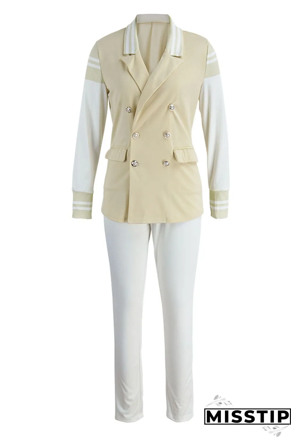 Khaki Casual Solid Patchwork Buttons Turn-back Collar Long Sleeve Two Pieces