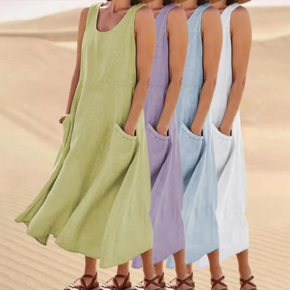 Chicrise Abito Lungo Donna Senza Maniche Vestito Spiaggia Estivo Casual Vestito Con Cinturino E Spacco Bianco Piccolo 34-36 - Foto 6