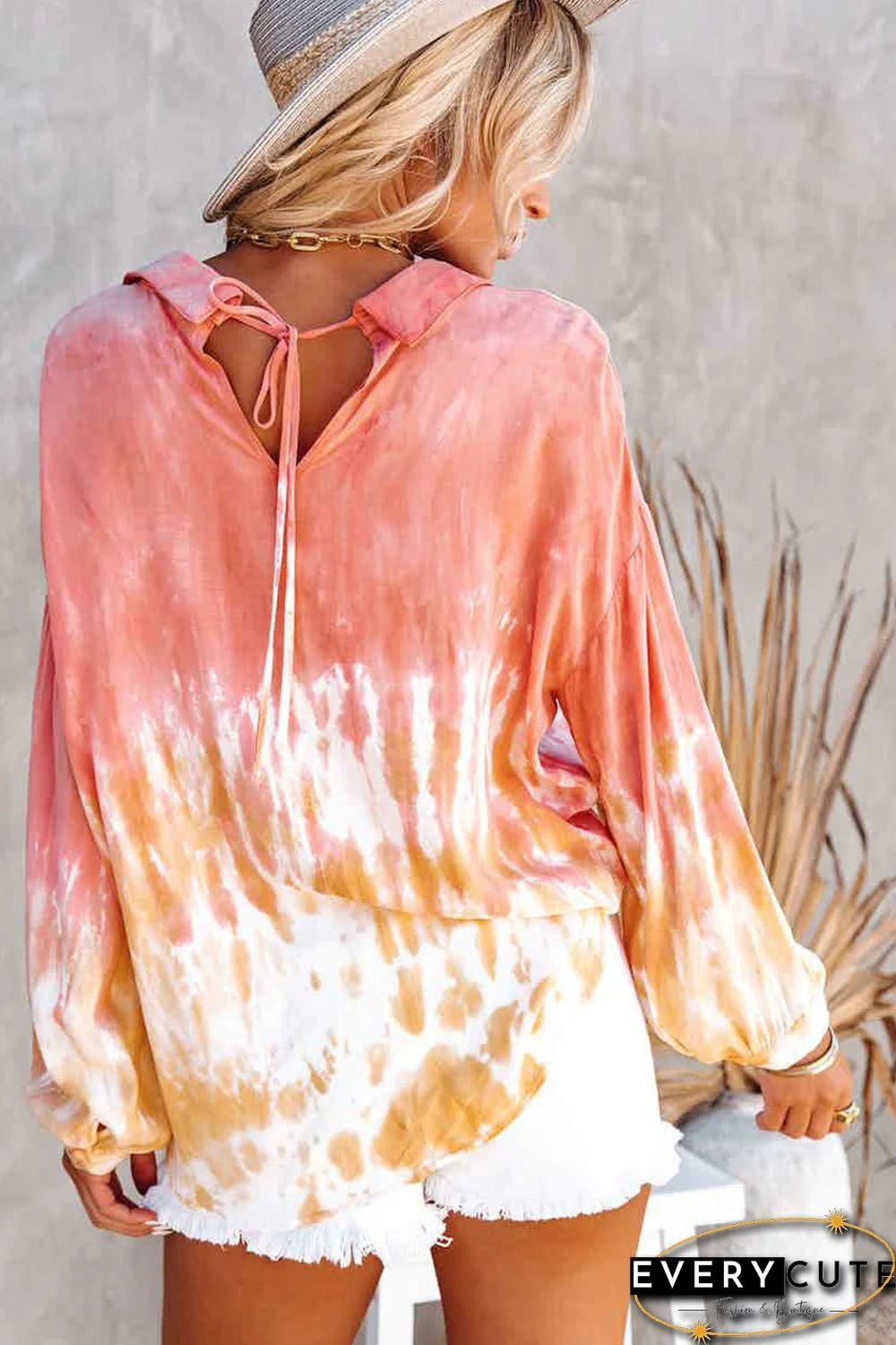 Tie Dye Print Lace-up Buttoned Henley Top