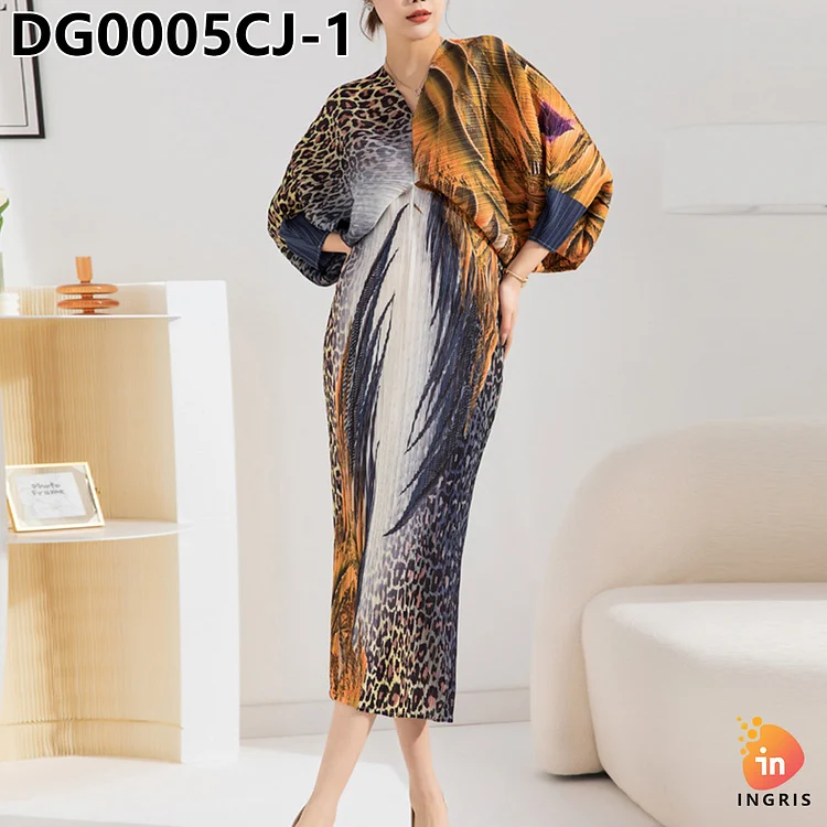 Pleated Plus Size African Dress 2024 Women's Long Bat Sleeve Pleated Leopard Print Dress for Women-DG0005CJ