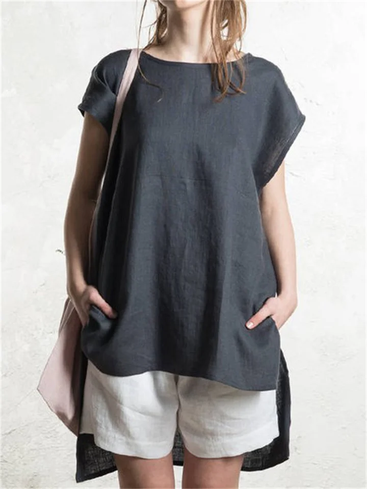 Women's Cotton Linen Tops Front Short Back Long Bat Short-sleeved Literary Retro Solid Colour T-shirt-Cosfine