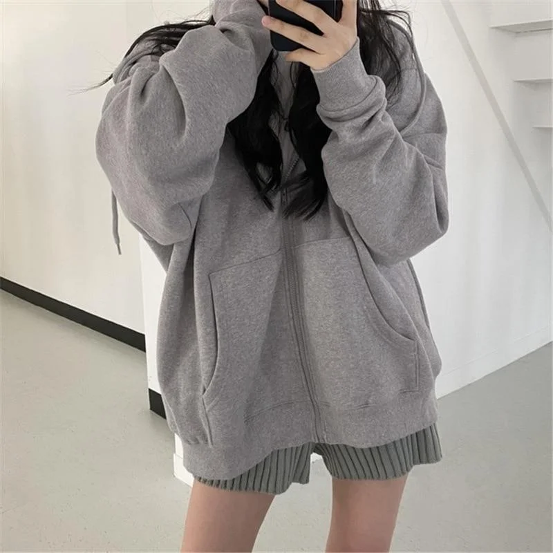 Zip Up Hoodies Women Korean Style Solid Color Oversize Hooded Sweatshirt Jacket Casual Long Sleeve Loose Coats Girls Hoodie Tops 1201