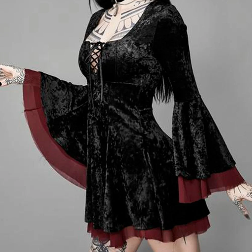 Billlnai Sexy Lace Long Dresses Gothic Women's Dress Spring Summer Fashion Brand Designer See Through Mesh Vintage Flared Sleeves
