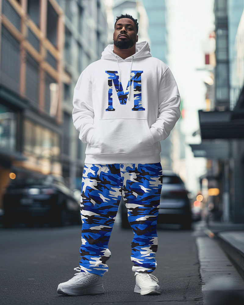 Men's Street Fashion Blue Camouflage Letter M Print Plus Size Hoodie Suit