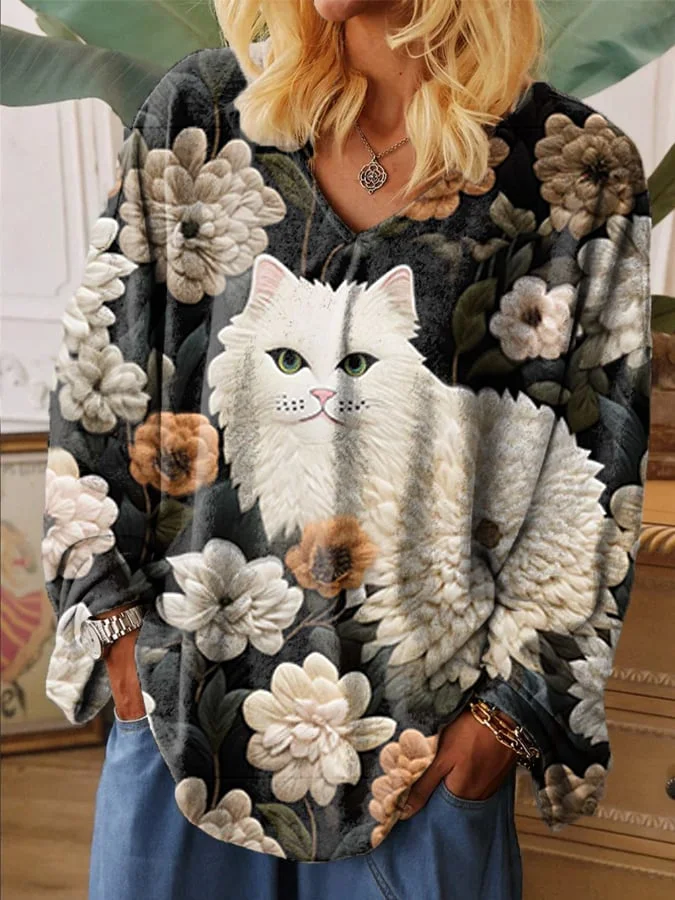 Women's Floral Cat Embroidery Printed V-Neck Long Sleeve Top
