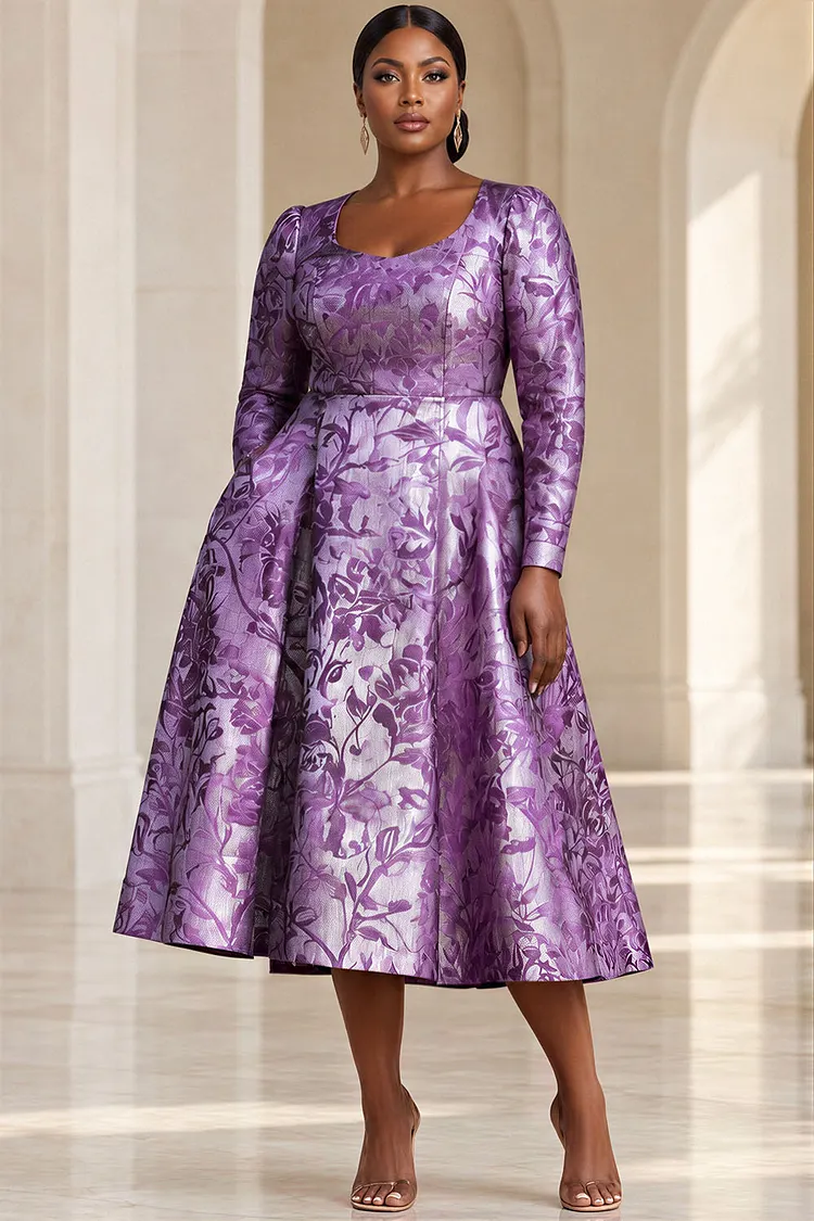 Xpluswear Design Plus Size Cocktail Party Purple Graphic Square Neck Long Sleeve Pocket Satin Midi Dresses [Pre-Order] 2024 - Xpluswear
