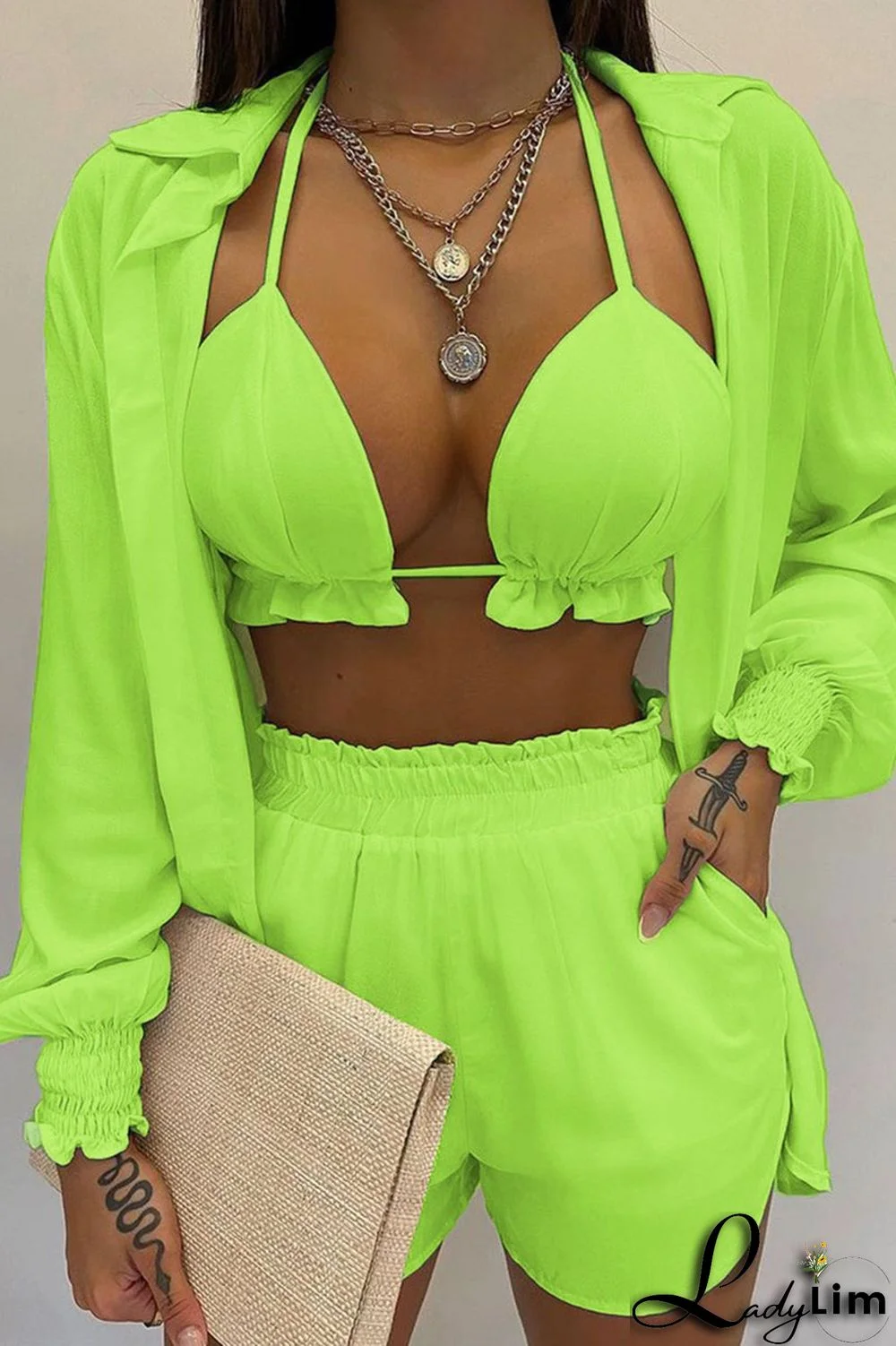 Yellow Sexy Print Patchwork Turndown Collar Long Sleeve Three Pieces