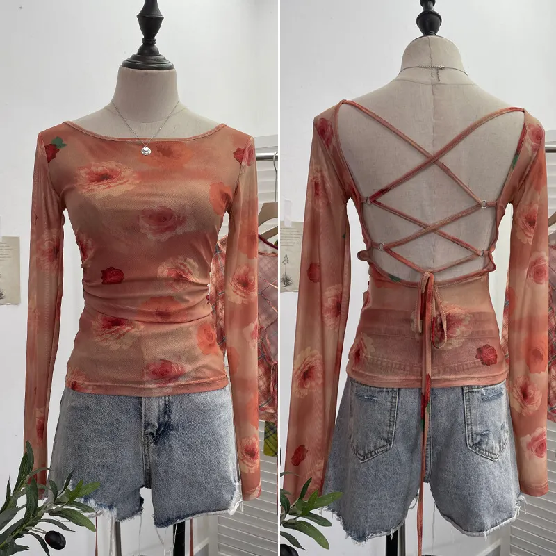 Uveng Vintage Print Repair Body Clothes Bump Color Mesh Strapd To The Big Bare Back Long-Sleeved Bottom Shirt T-Shirt 9939