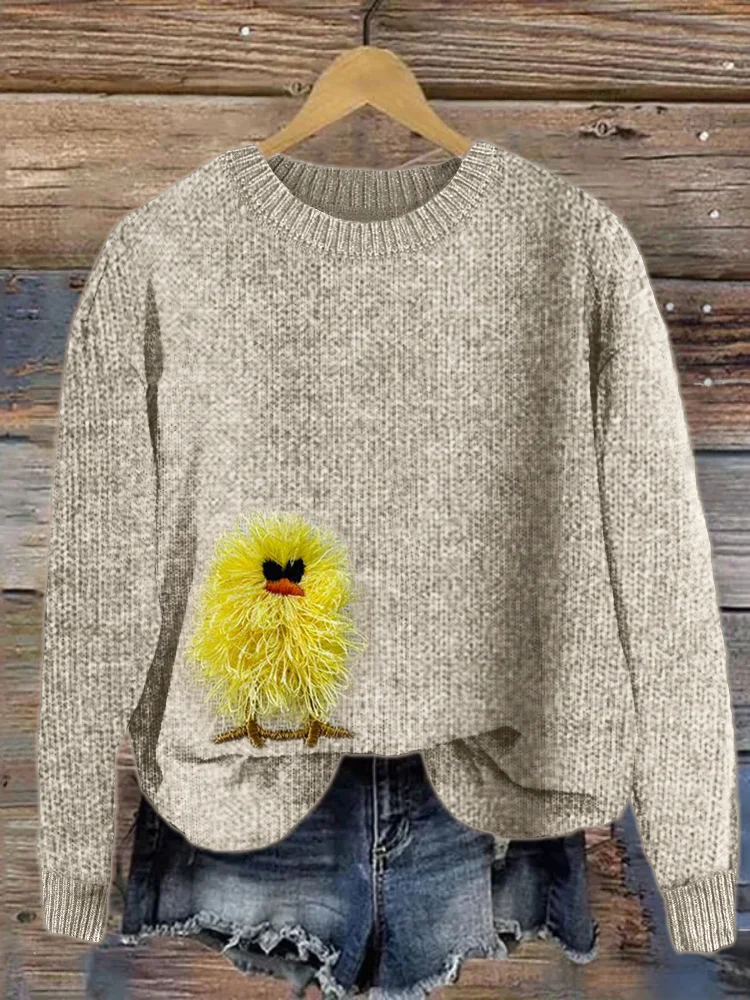 VChics Funny Fuzzy Chick Fringe Embroidery Cozy Knit Sweater
