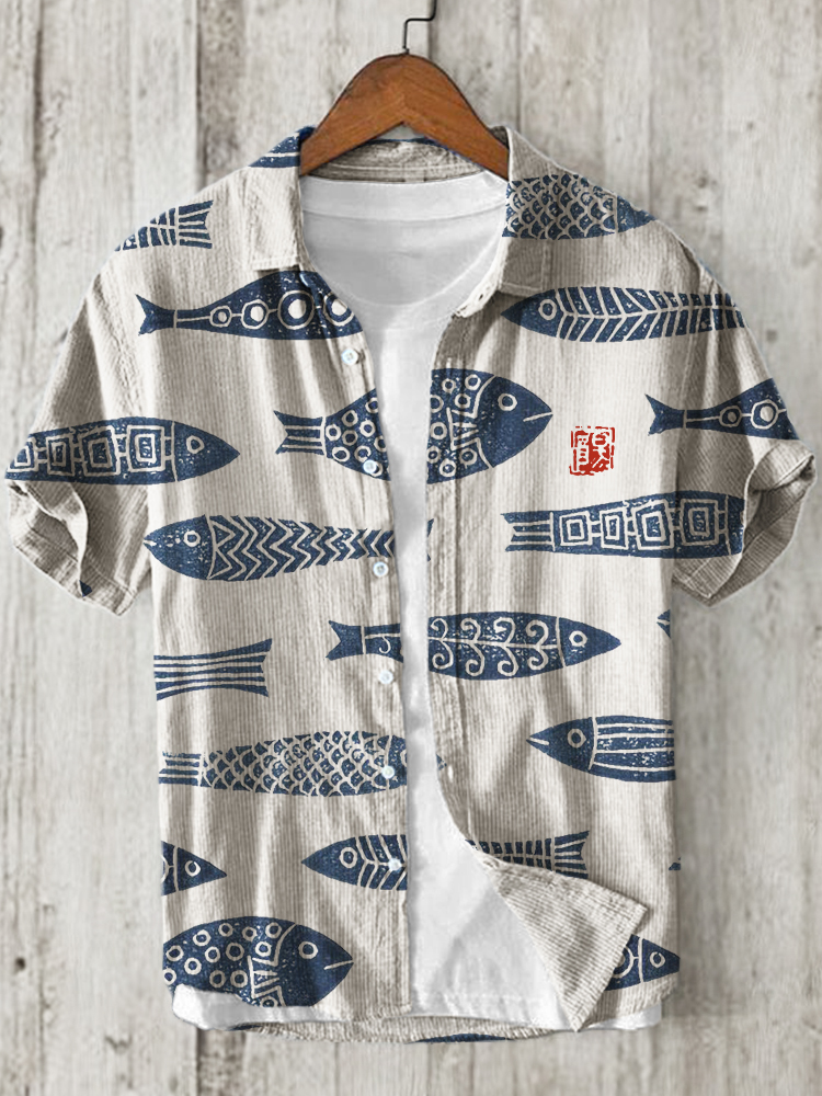 menweary Fish Japanese Lino Pattern Linen Blend Shirt
