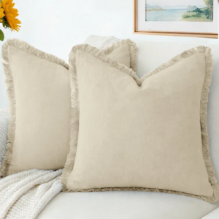 Sanmadrola Throw Pillow Covers Decorative Linen Fringe Throw Pillow Covers Cozy Boho Farmhouse Cushion Cover with Tassels Soft Accent Pillowcase for Couch Sofa Bed Living Room Home Decor 2 Set 18X18