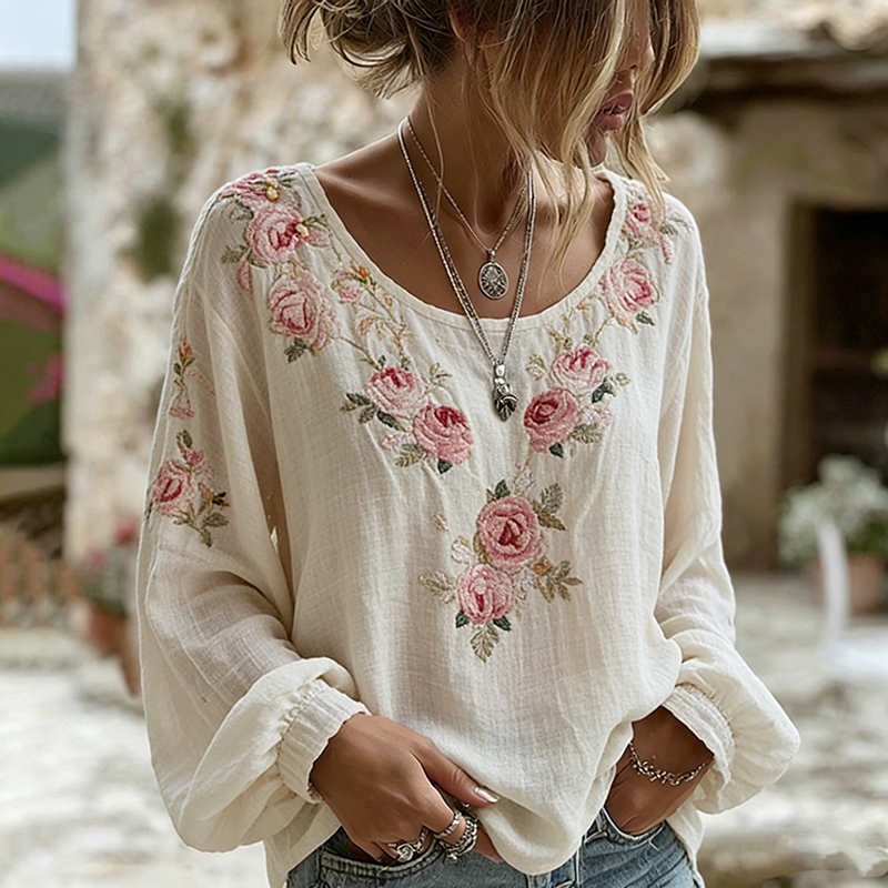 Women's Vintage Floral Art Crew Neck Casual T-shirt elevenforest
