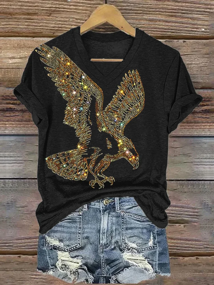 Flying Eagle Glitter Rhinestone V Neck T Shirt