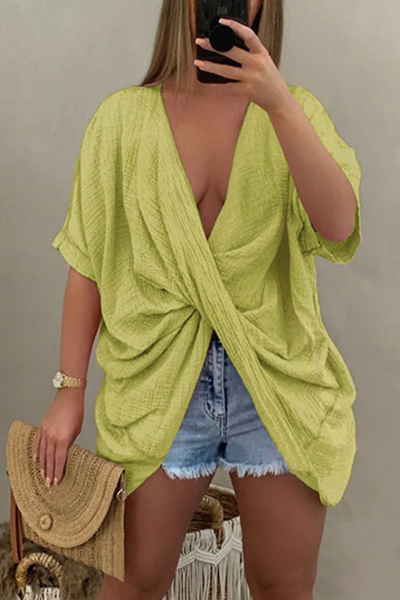Green Yellow Casual Solid Patchwork Asymmetrical V Neck T-Shirts