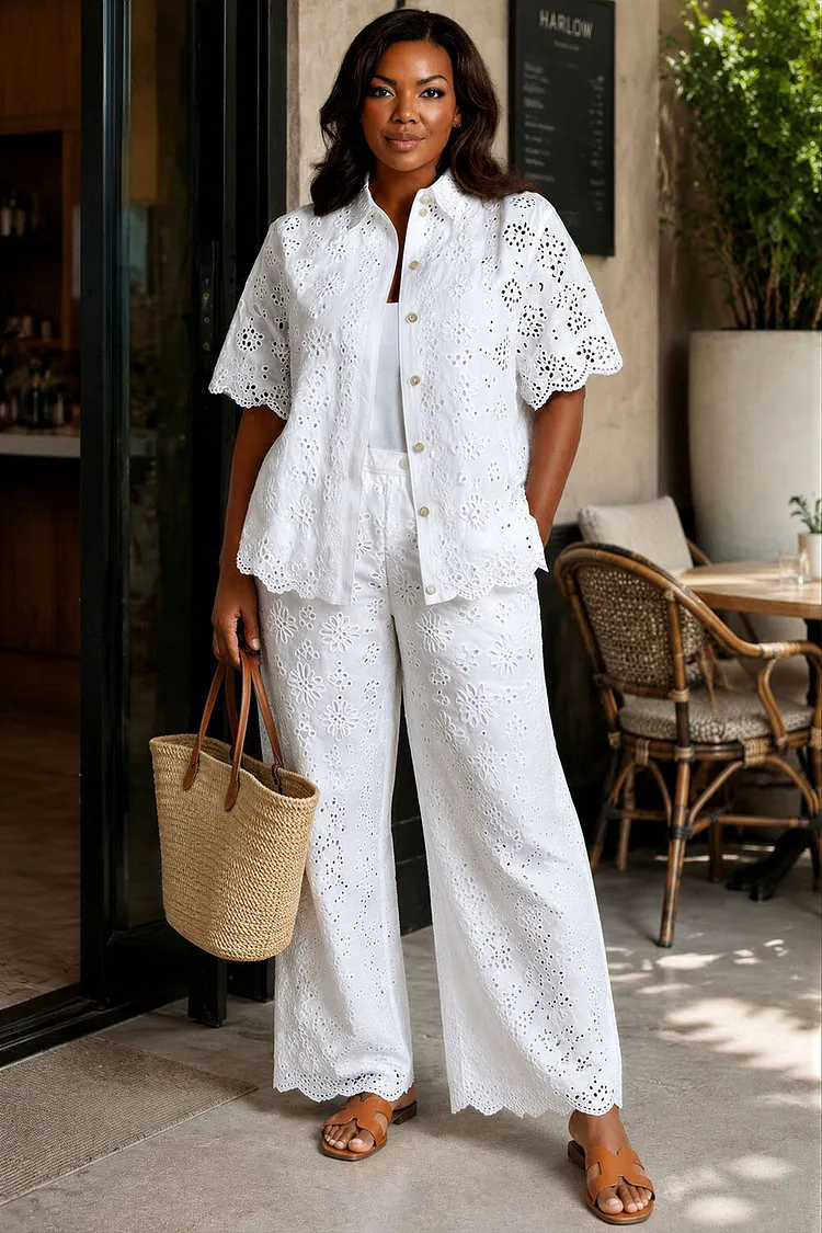 Xpluswear Design Plus Size Vacation Casual White Shirt Collar Short Sleeve Pocket Two Piece Pant Sets [Pre-Order] 2024 - Xpluswear