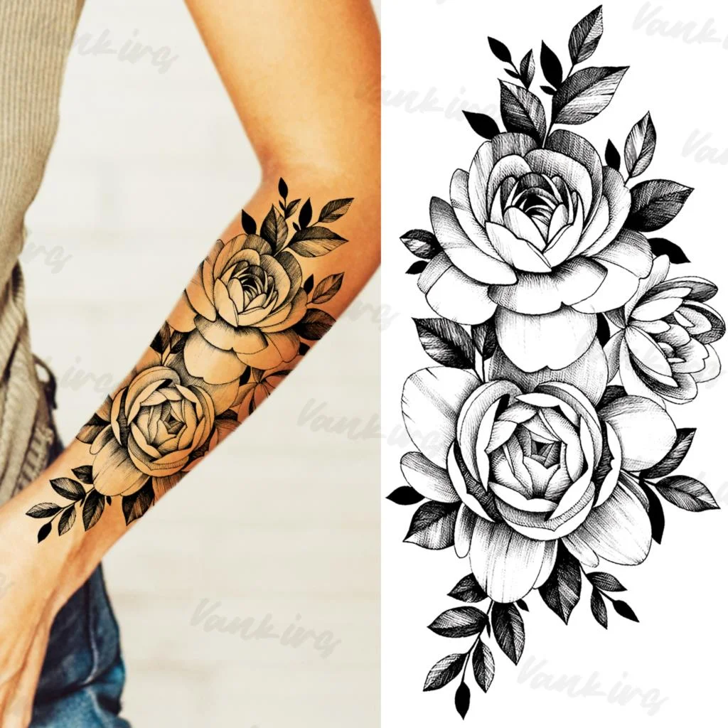 Sdrawing Peony Butterfly Temporary Butterfly Tattoos For Women Girls Realistic Snake Sun Fake Tattoo Sticker Leg Body Tatoos