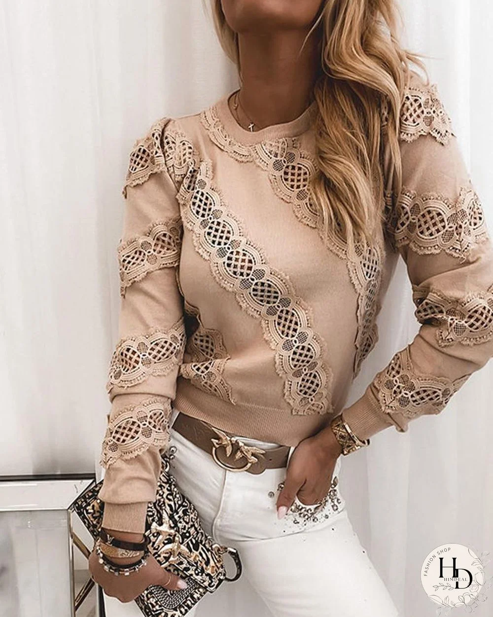 Winter Women Fashion Elegant Casual Solid Round Neck Stylish Pullover Sweaters Lace Stitching Long Sleeve Sweater