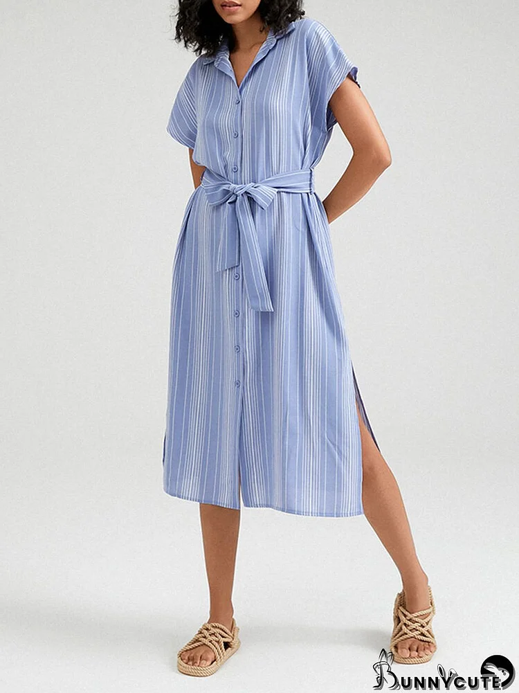 Stripe Print Button Lapel Slit Shirt Dress With Belt