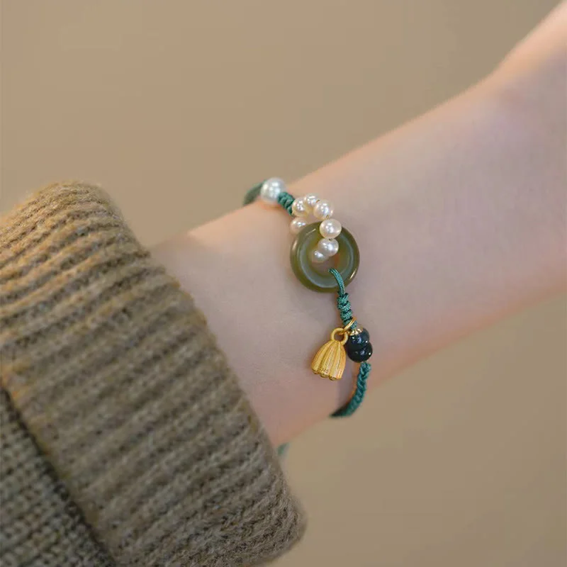 Natural Hetian Jade Peace Buckle Pearl Luck Handcrafted Braided Bracelet