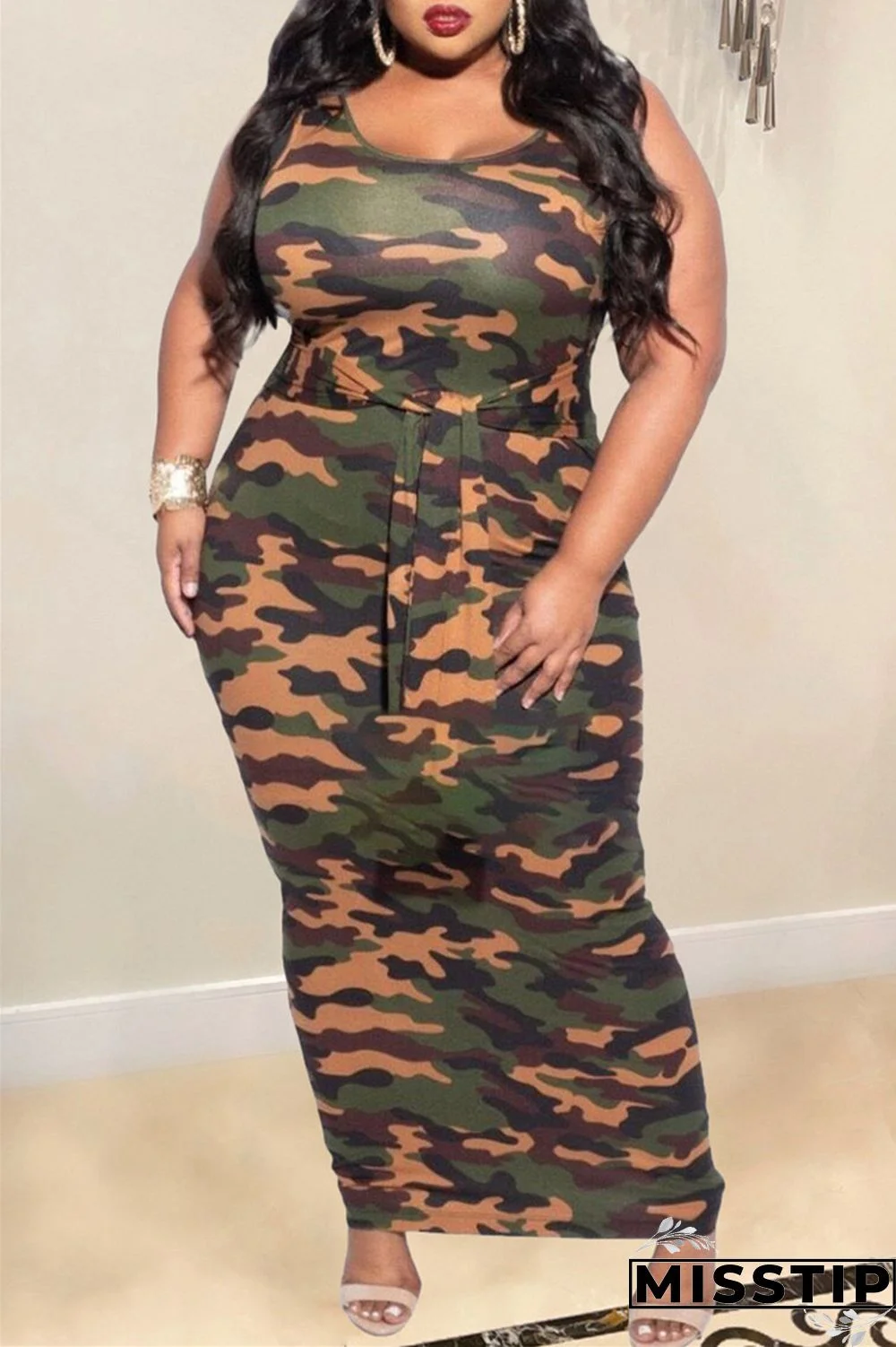 Camouflage Fashion Casual Plus Size Print Patchwork U Neck Vest Dress