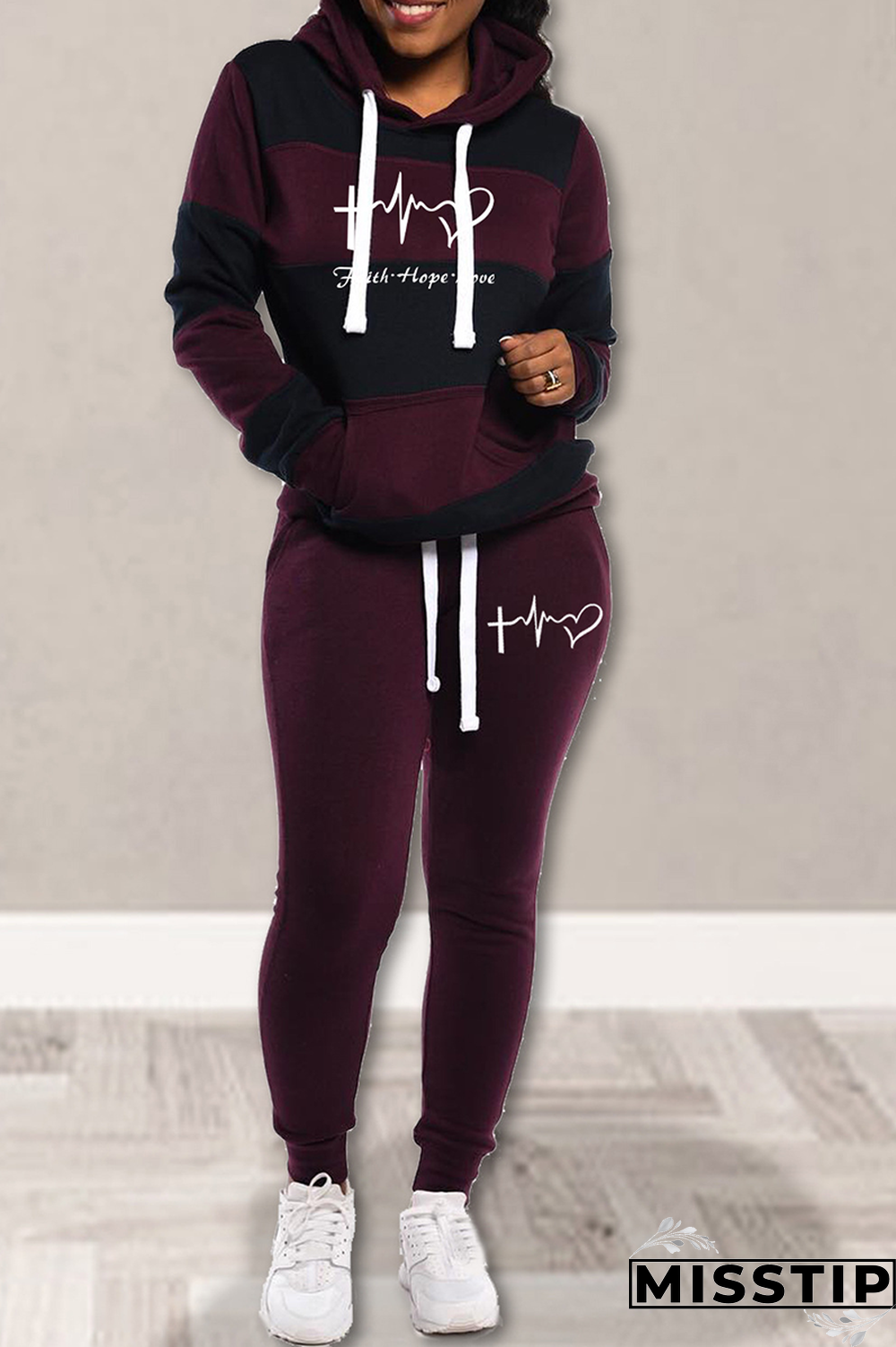 Black Street Striped Draw String Hooded Collar Long Sleeve Two Pieces