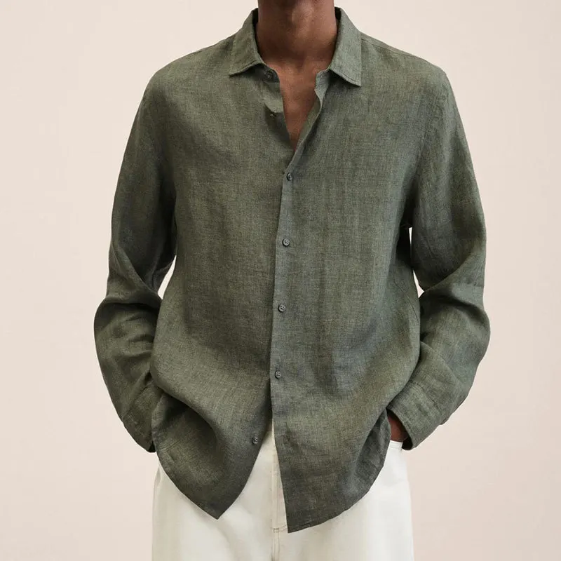 Brownm Brownm Explosion Autumn Long Sleeve V-Neck Loose Button Cotton Shirt Shirt Man