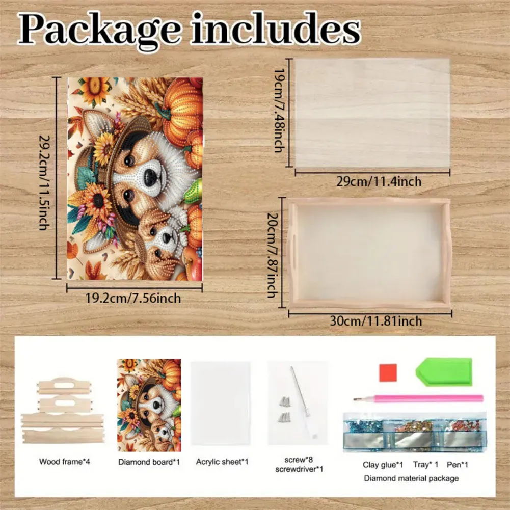 5D DIY Wooden Autumn Dog Diamond Painting Serving Tray for Home Decor
