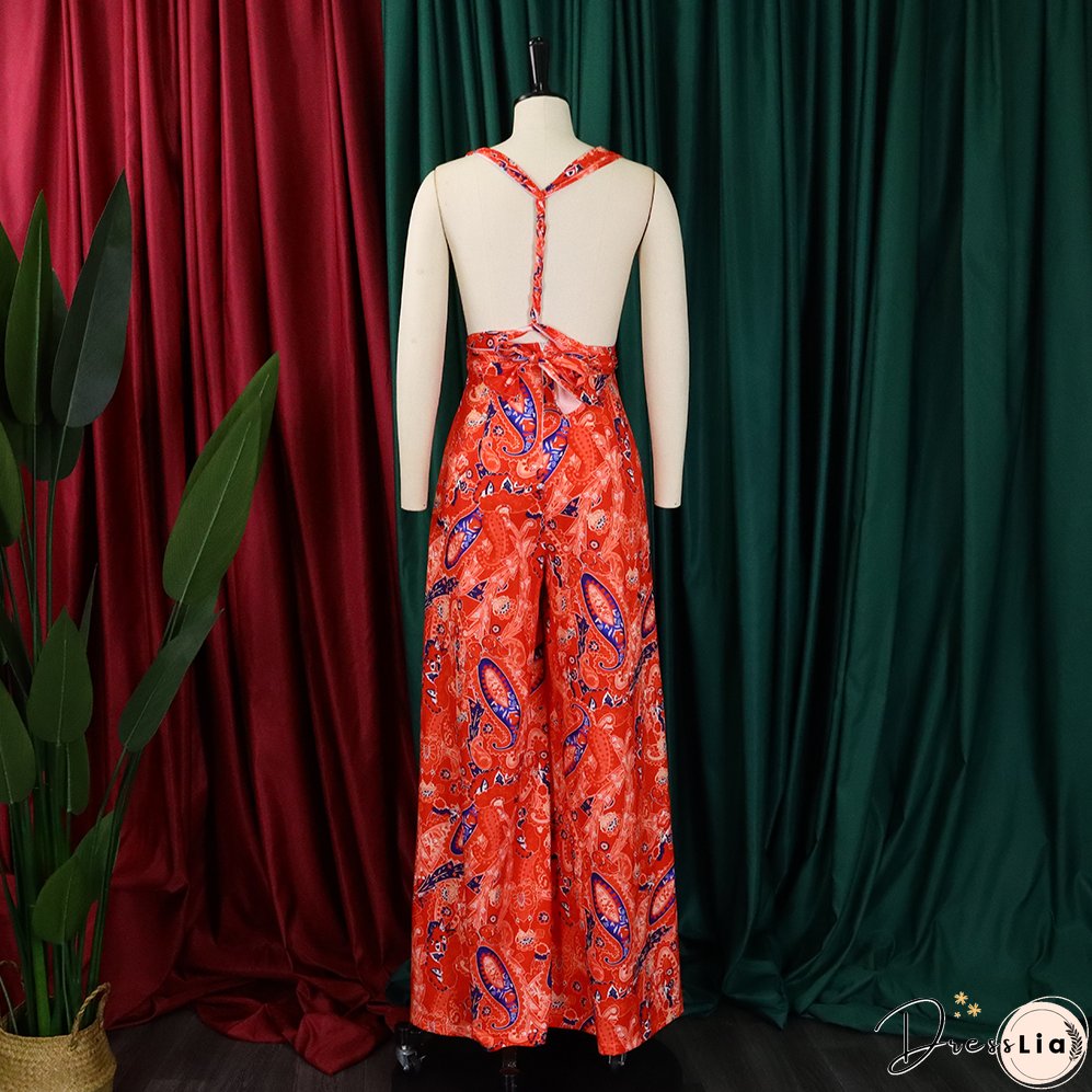 Plus Size Women African Print Halter Neck Beach Jumpsuit