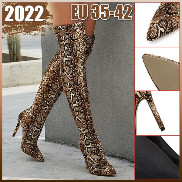 2022 Fashion Leopard grain Serpentine Long Boots Women High Heel Boot Pointed Toe Sexy club Shoes Thigh High Over-the-Knee Boots - Life is Beautiful for You - SheChoic