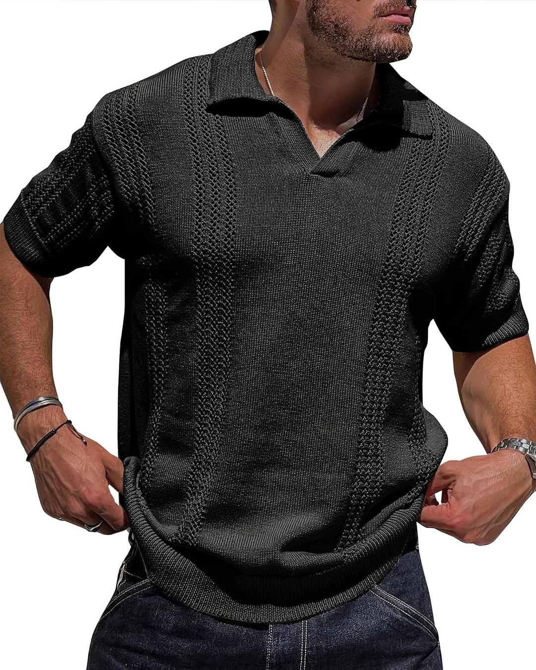 Wongn Wongn New Fashion Men's Knit POLO Shirt Short Sleeve V-Neck Loose Solid Color Hollow Out Men's Jacket Men