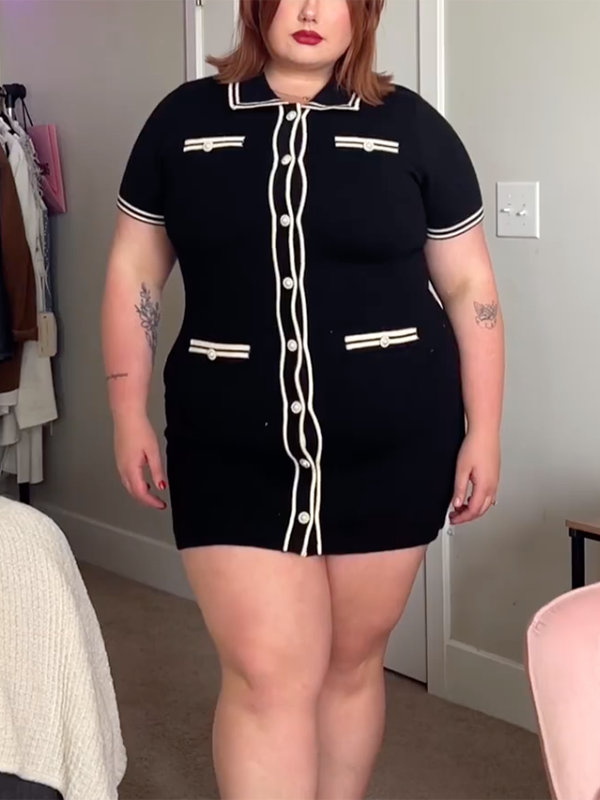 Buttoned Line Plus Size Short Sleeves Lapel Mini Dresses