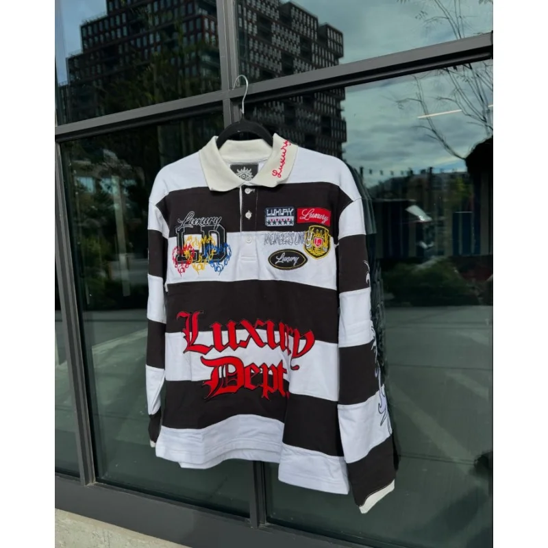 Aonga Niche simple striped letter print POLO collar design long-sleeved T-shirts women Y2K American popular aesthetic rock baggy tops 0313 aonga