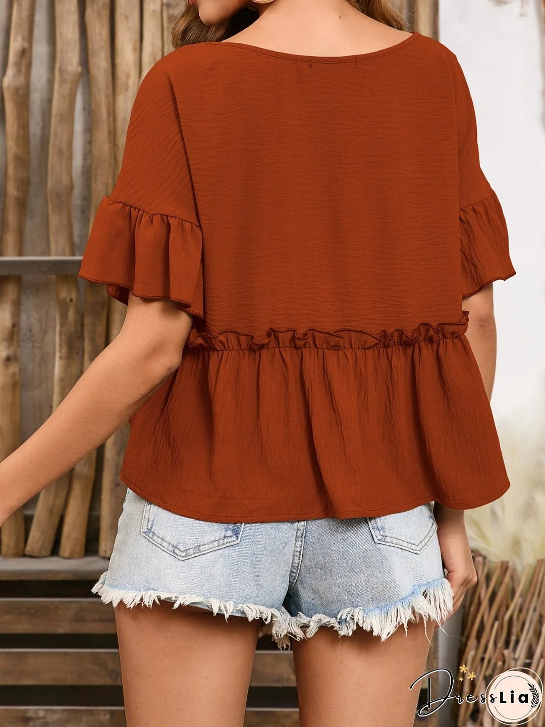 Frill Decorative Button Round Neck Half Sleeve Blouse