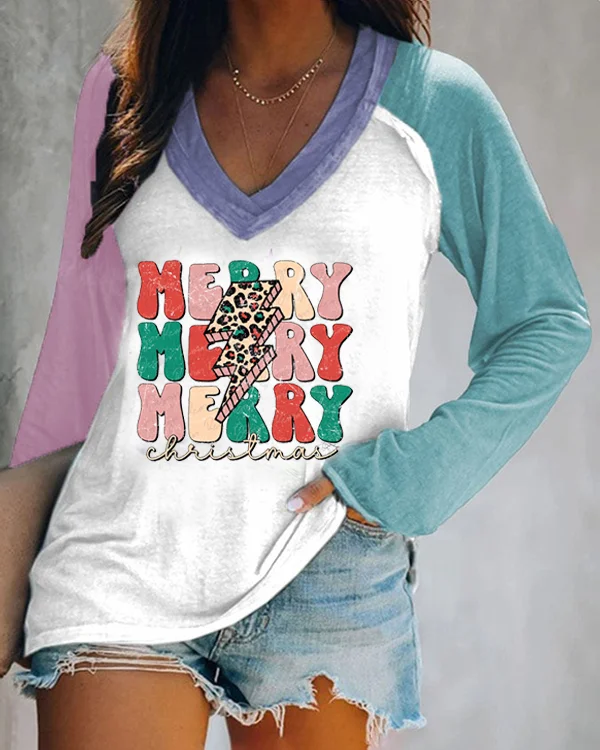 Merry Christmas, Leopard Bolt V-Neck Colorblock Print Top-
