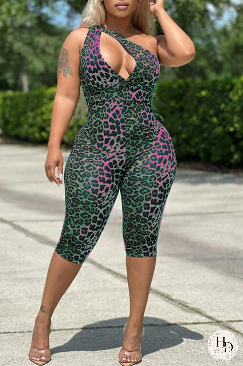 Green Sexy Print Leopard Hollowed Out Patchwork Oblique Collar Regular Jumpsuits