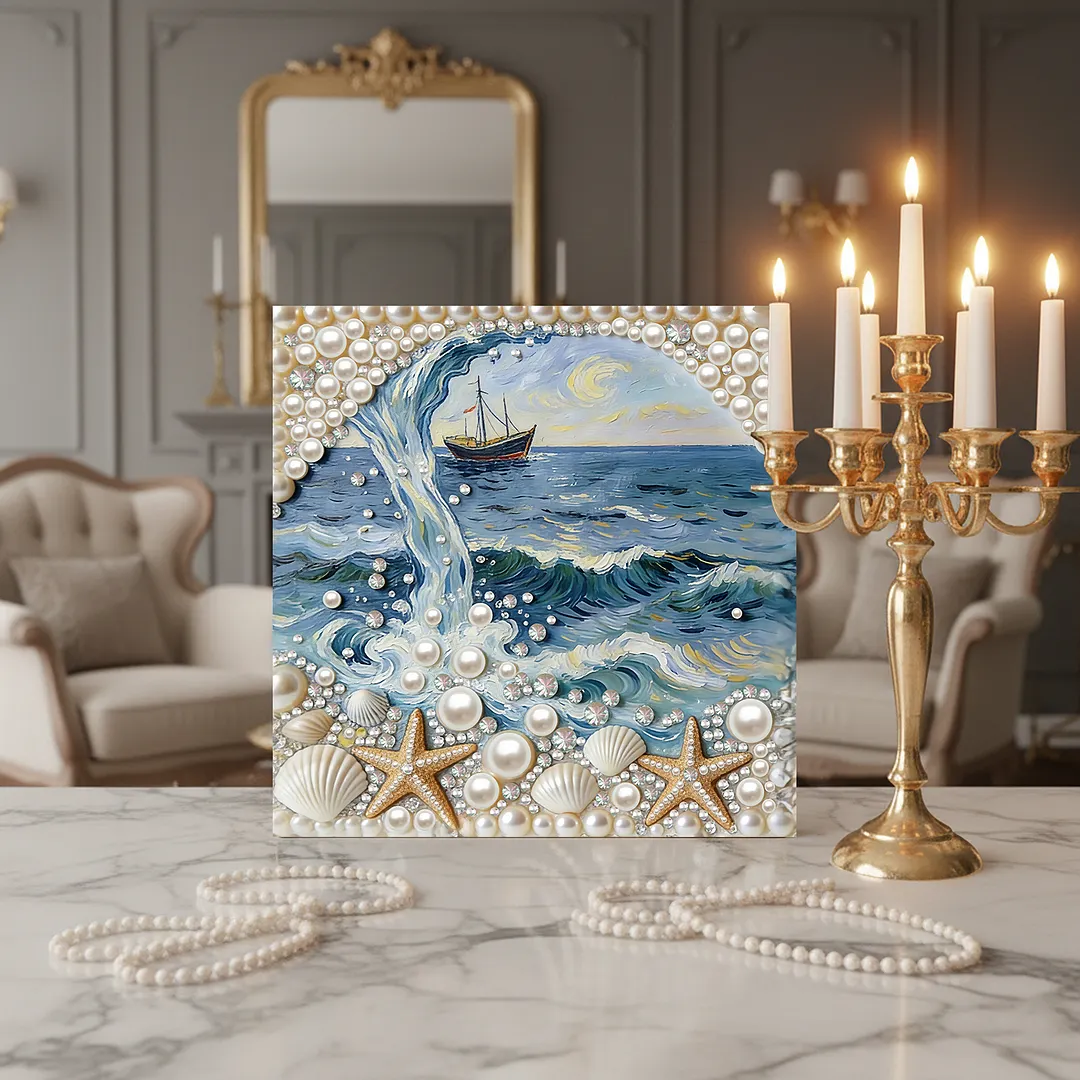 DIY Beach Seashell Starfish Pearl Painting Kit for Adults Beginners Gift Idea Home Wall Decor Pearl Gem Paintings Picture Arts Craft 30x30cm with Frame