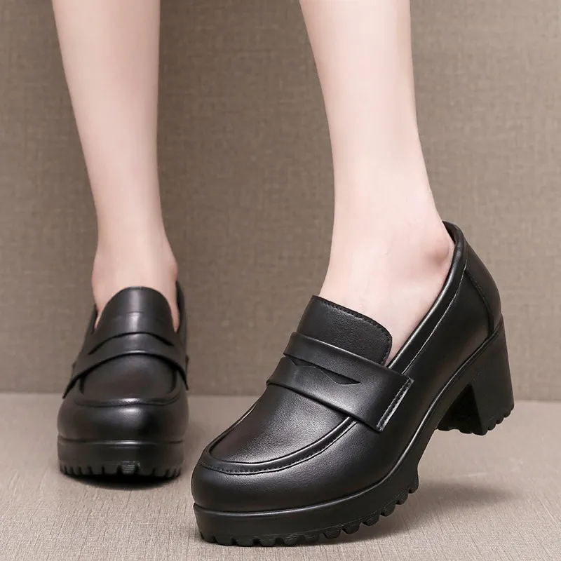 Breakj Breakj Lefu Shoes Women's Spring And Autumn Women's Shoes Coarse Heel Waterproof Platform British Small Leather Shoes Retro Black One-Legged Single Shoes