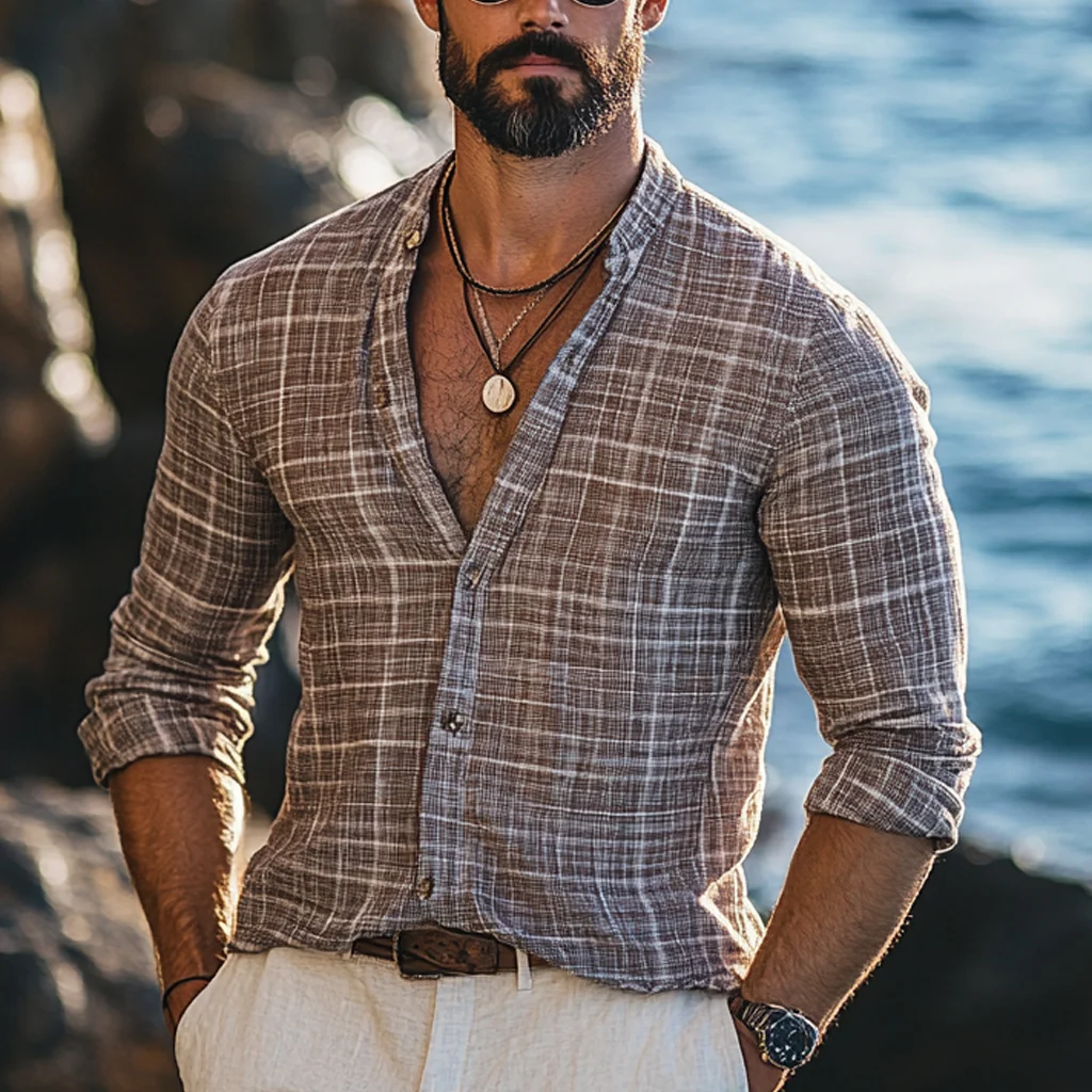 Holiday Bohemian Beach Men's Linen Casual Long Sleeve Shirt Top-inspireuse