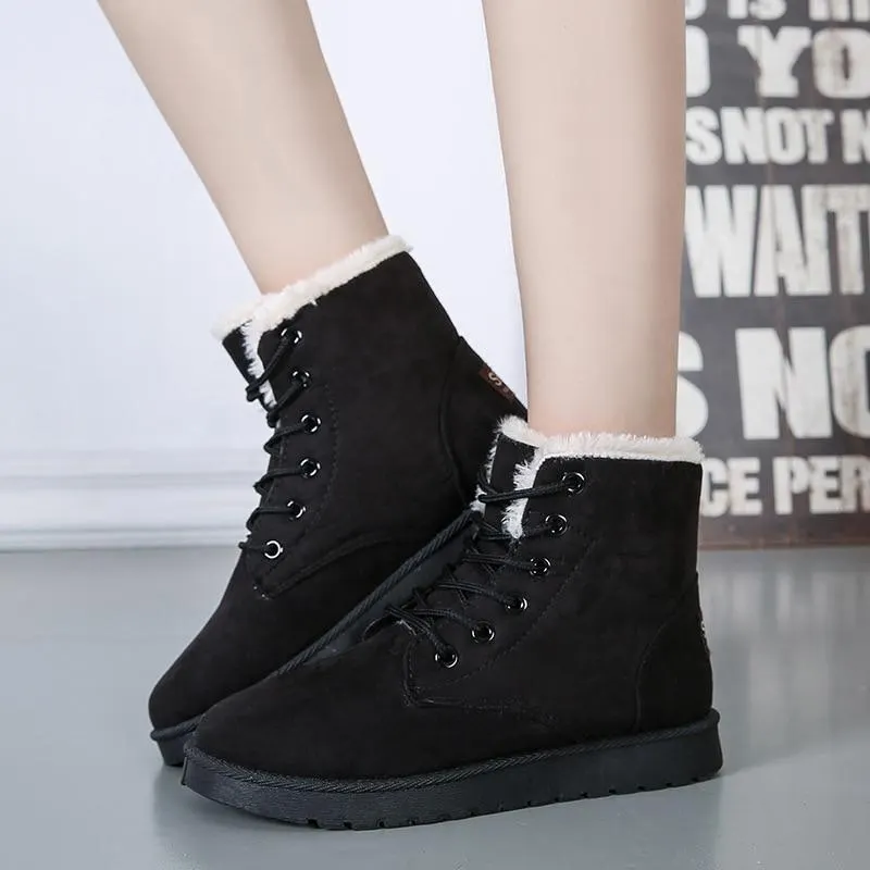 Women Snow Boots Flat Lace Up Winter Plus Size Platform Ladies Warm Shoes 2021 New Flock Fur Women's Suede Ankle Boots Female 1109