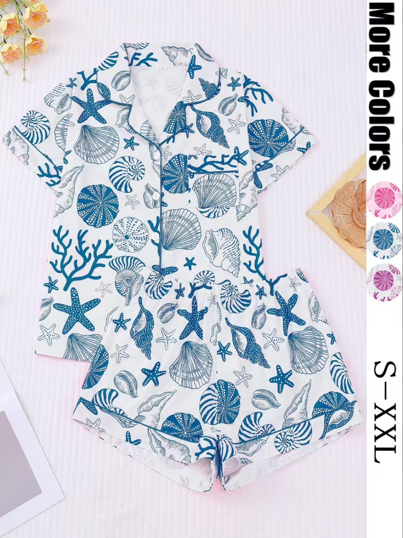 Women's All Over Shell Print Short Sleeve Pajama Two-piece Set, Elegant Casual Comfy Button Front Lapel Neck Top & Shorts Set, Ladies Sleepwear for All Seasons, Sleepwear Loungewear