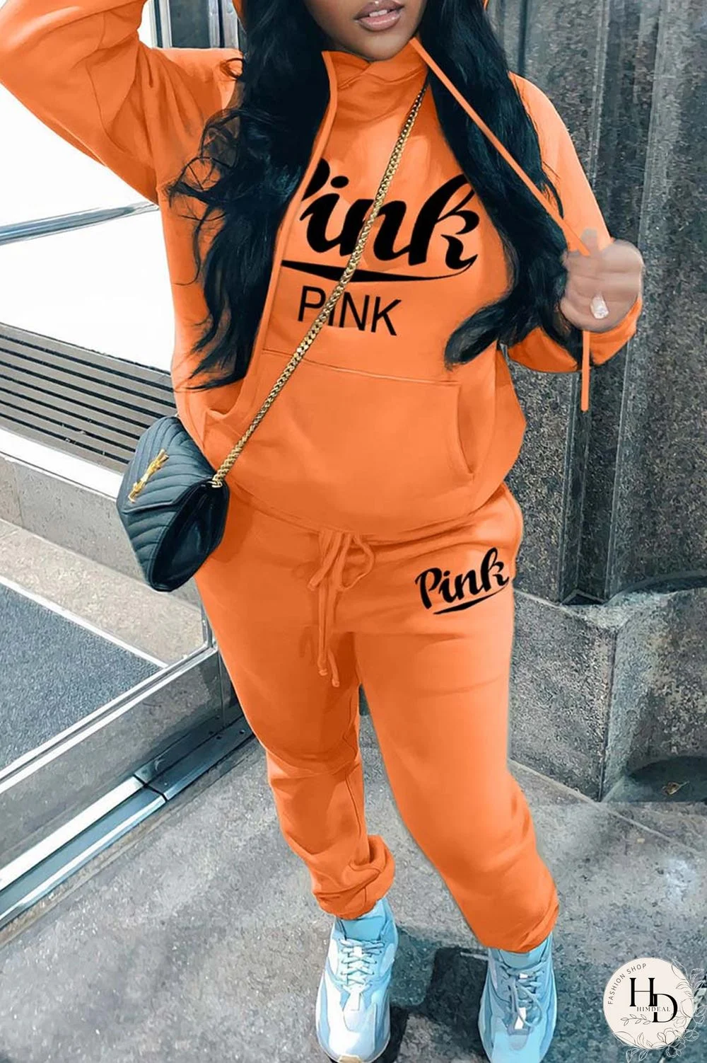 Orange Casual Letter Print Basic Hooded Collar Long Sleeve Two Pieces