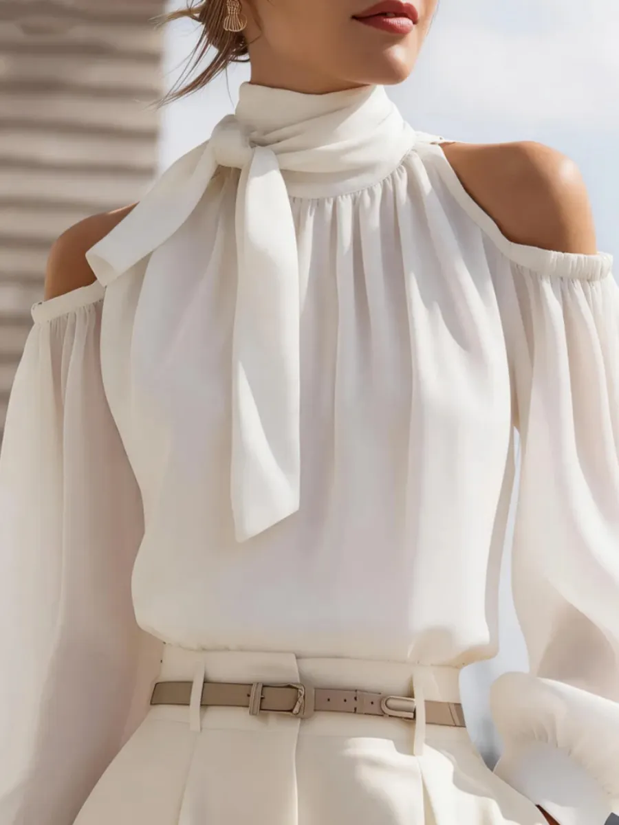 Women's Cold Shoulder Tie Neck Blouse