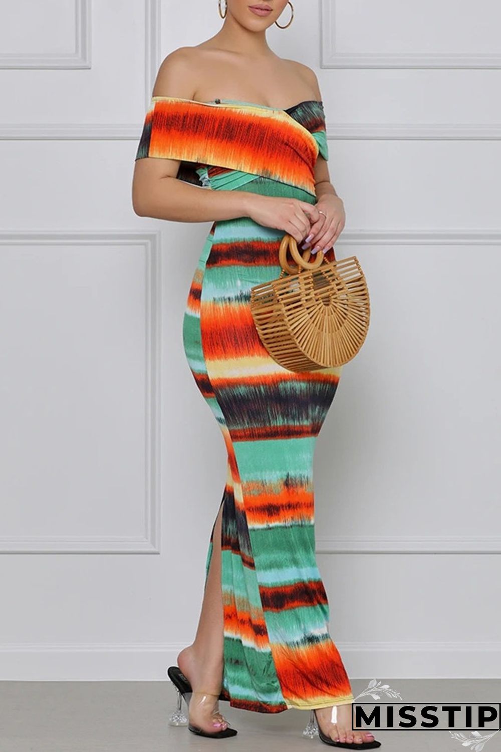 Colour Fashion Sexy Print Backless Slit Off the Shoulder Short Sleeve Dress