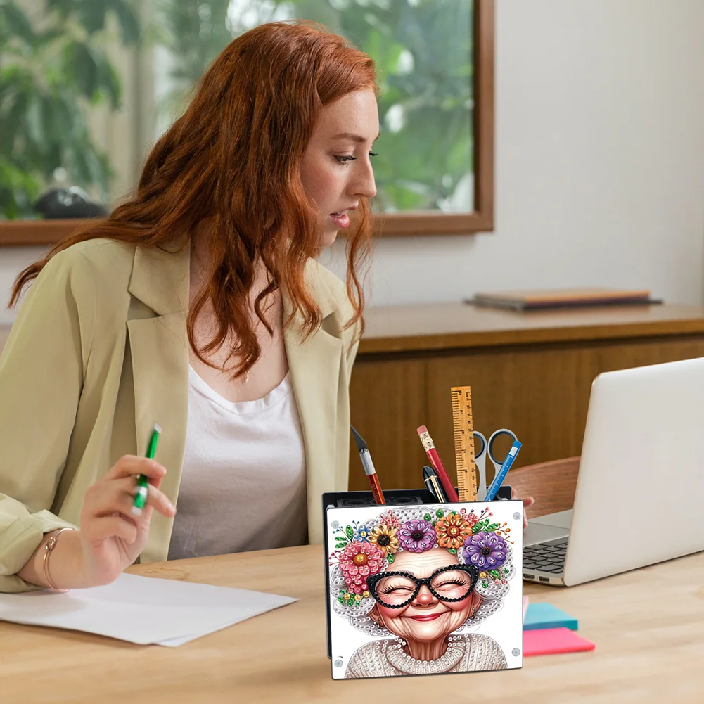 DIY Old Lady Special Shaped Diamond Painting Acrylic Pencil Holder Organizer